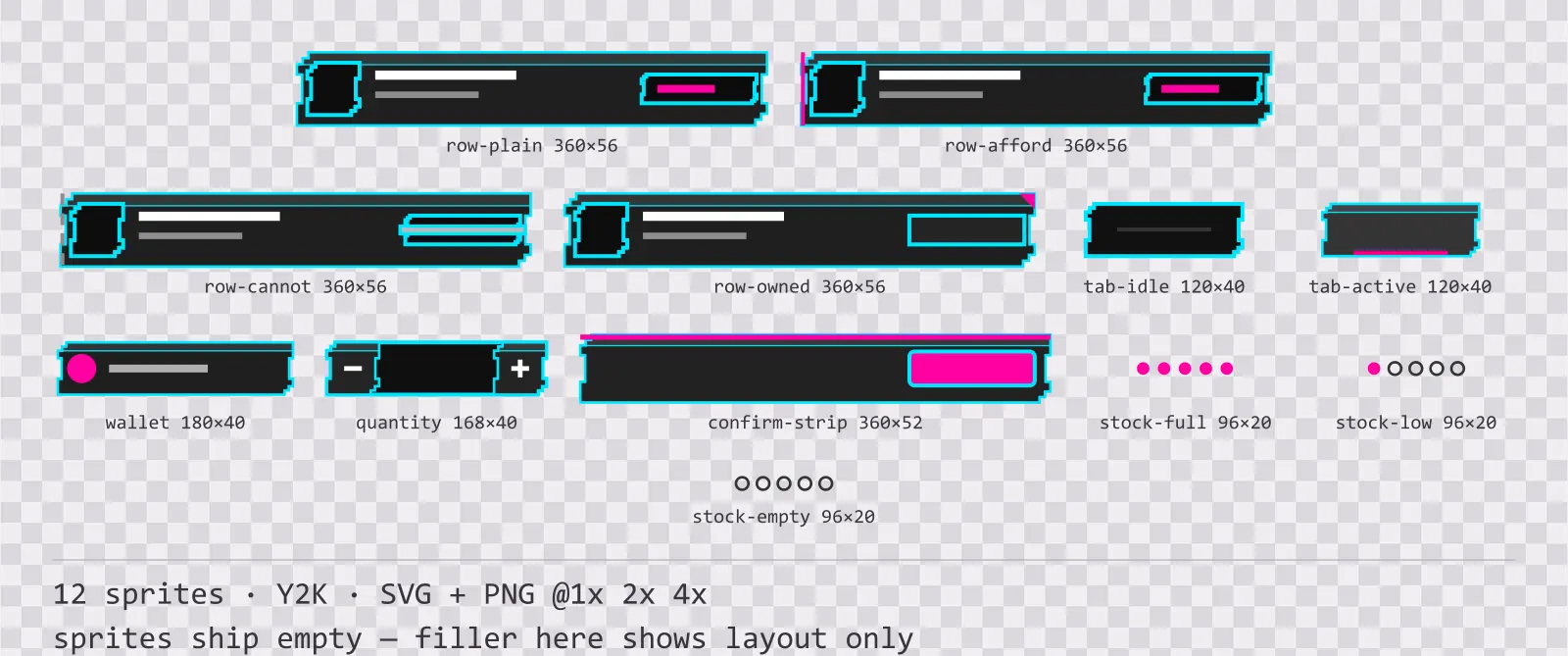 Sheet showing 12 Y2K shop and economy widgets from the Chromepop family, arranged on a transparency checkerboard with their pixel sizes printed underneath