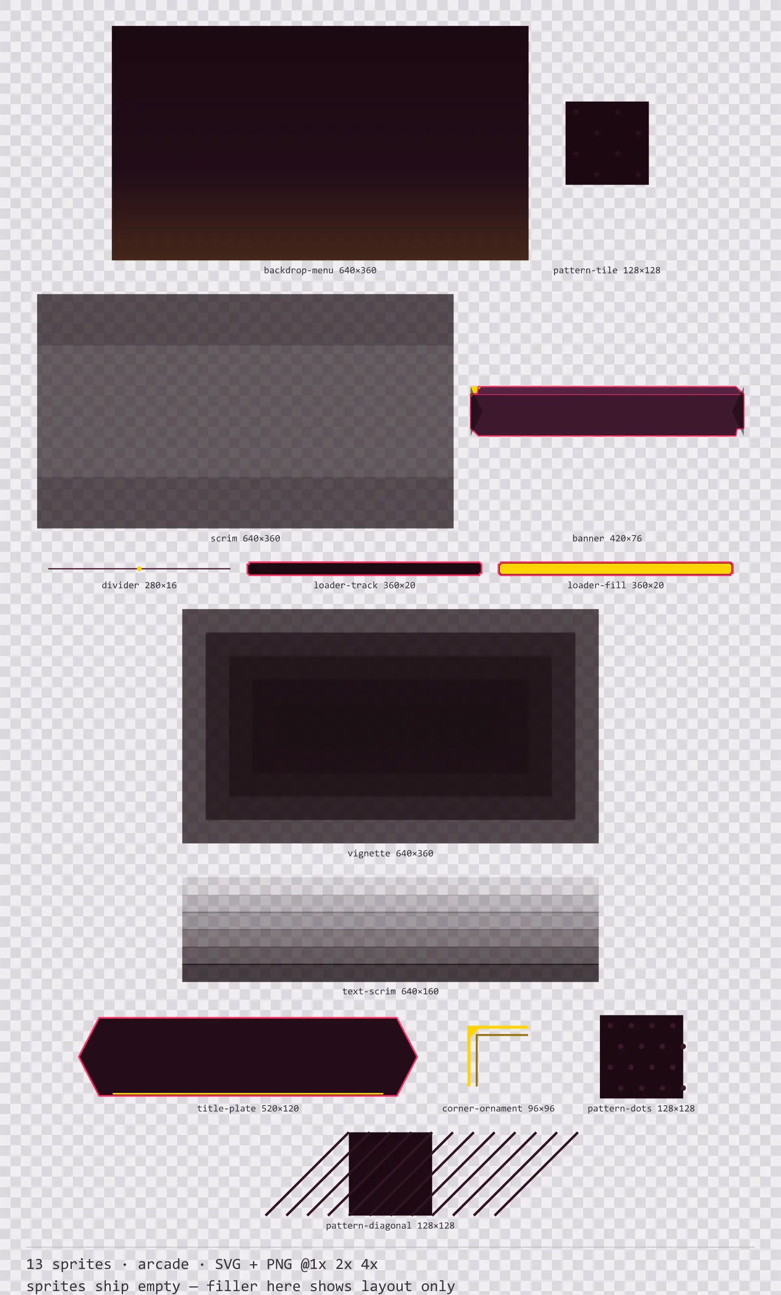 Sheet showing 13 arcade background and overlay pieces from the Coinop family, arranged on a transparency checkerboard with their pixel sizes printed underneath