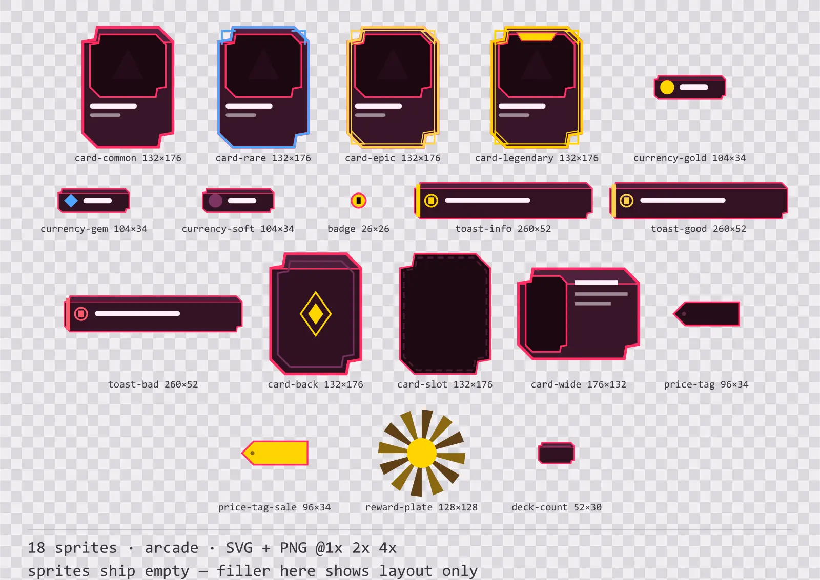 Sheet showing 18 arcade card, currency and notification components from the Coinop family, arranged on a transparency checkerboard with their pixel sizes printed underneath
