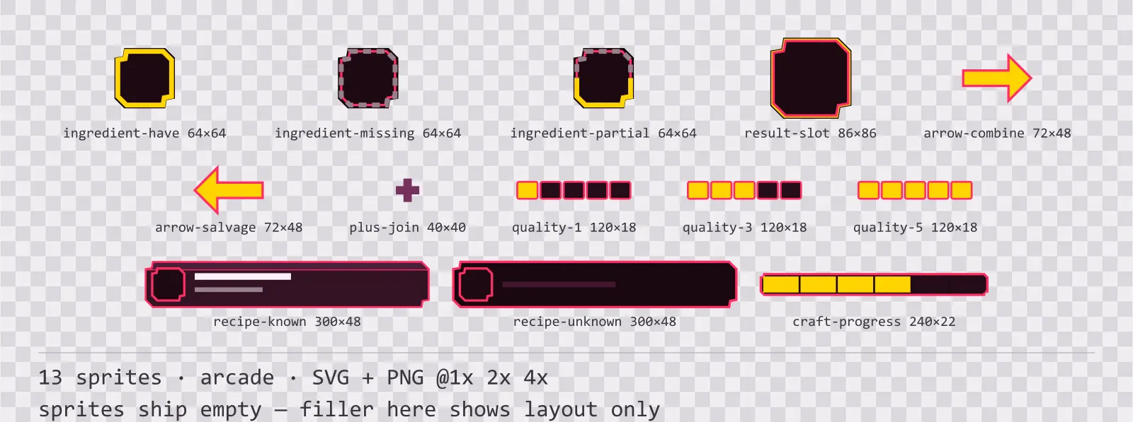 Sheet showing 13 arcade crafting and recipe widgets from the Coinop family, arranged on a transparency checkerboard with their pixel sizes printed underneath