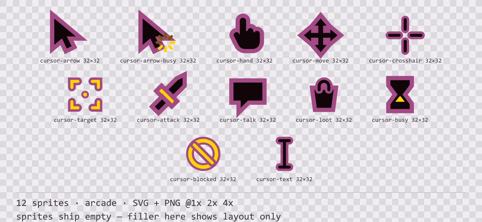 Sheet showing 12 arcade mouse cursors from the Coinop family, arranged on a transparency checkerboard with their pixel sizes printed underneath