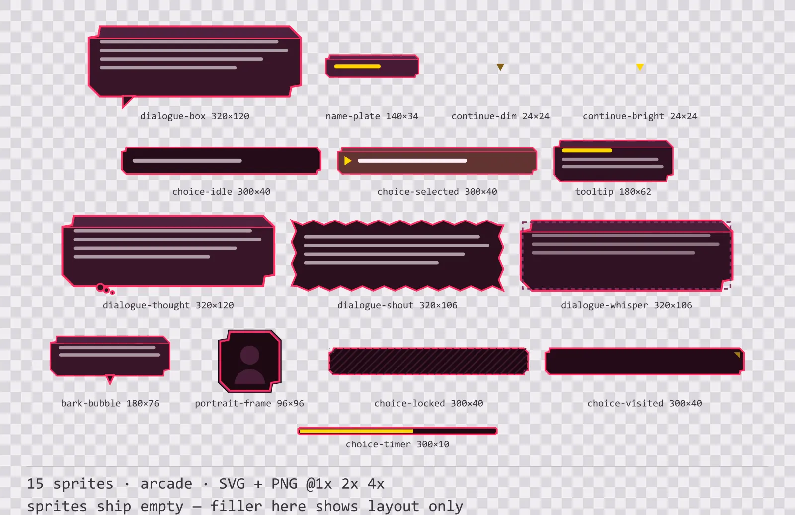 Sheet showing 15 arcade dialogue components from the Coinop family, arranged on a transparency checkerboard with their pixel sizes printed underneath