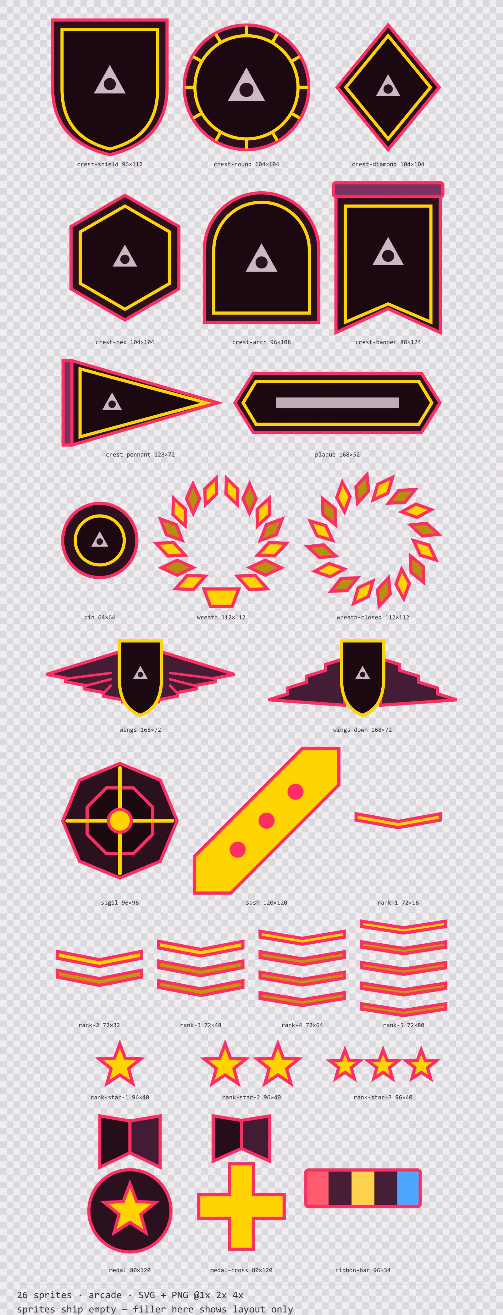 Sheet showing 26 arcade crests, insignia and rank marks from the Coinop family, arranged on a transparency checkerboard with their pixel sizes printed underneath
