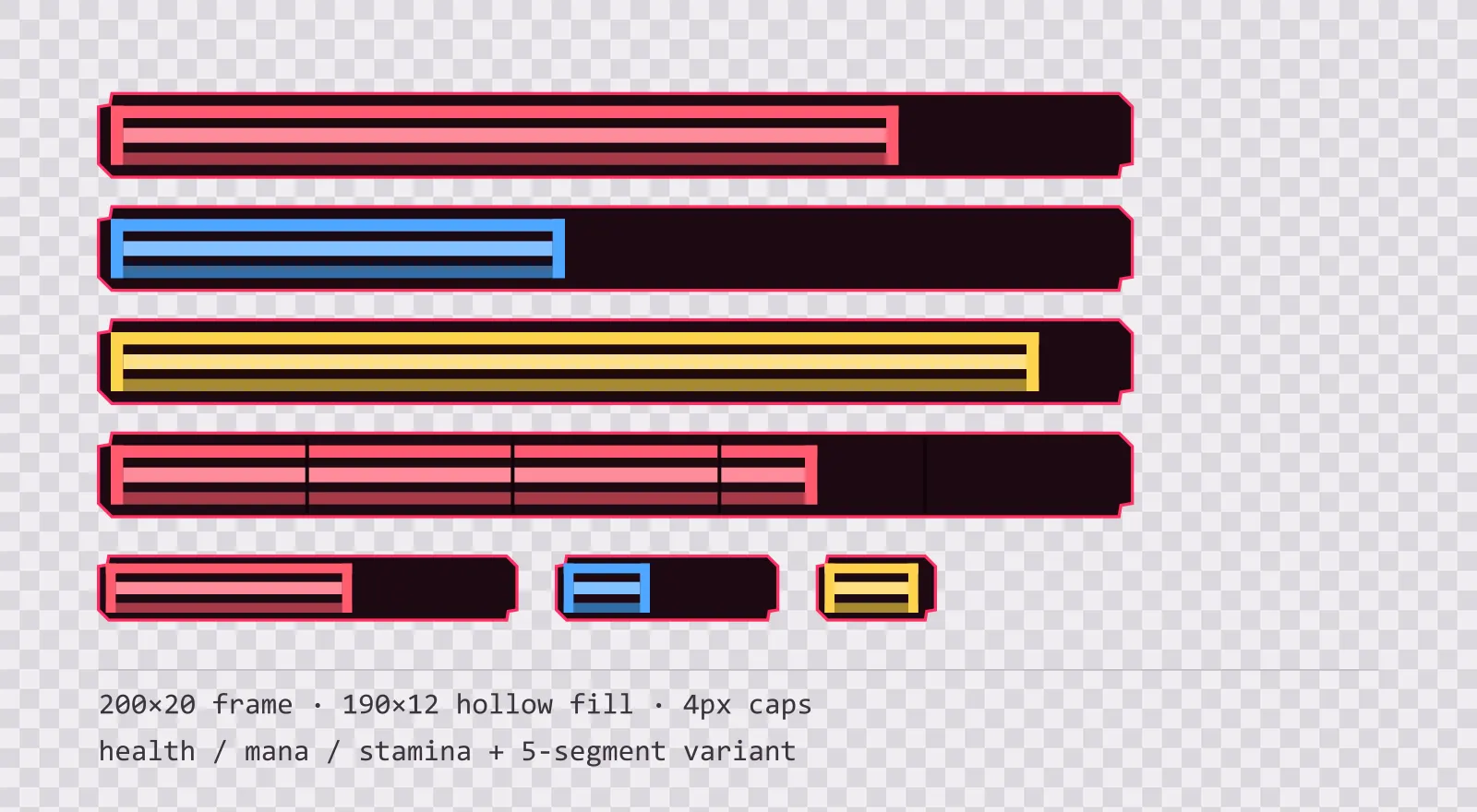 Three horizontal game status bars stacked on a checkerboard background, filled to different levels for health, mana and stamina, with a segmented 5-notch bar and three smaller bars beneath them