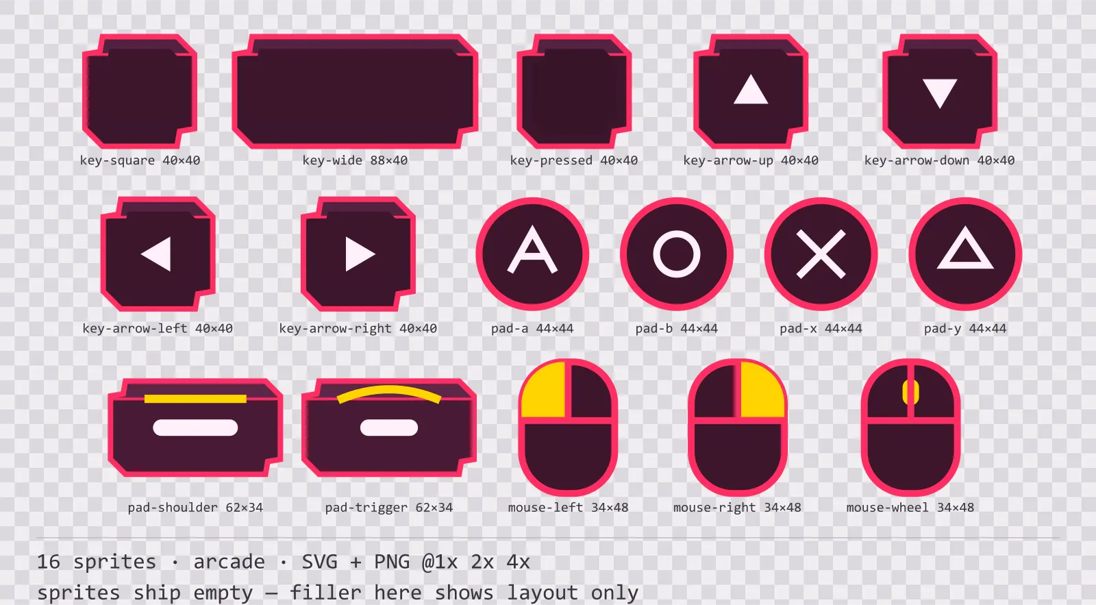 Sheet showing 16 arcade input prompt sprites from the Coinop family, arranged on a transparency checkerboard with their pixel sizes printed underneath
