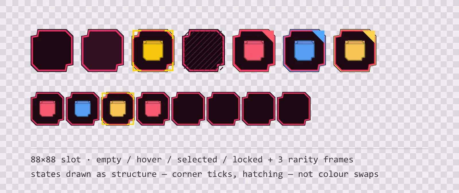 A row of square game inventory slots on a checkerboard background showing empty, hover, selected with corner ticks, and diagonally hatched locked states, followed by coloured rarity frames and a tiled eight-slot grid