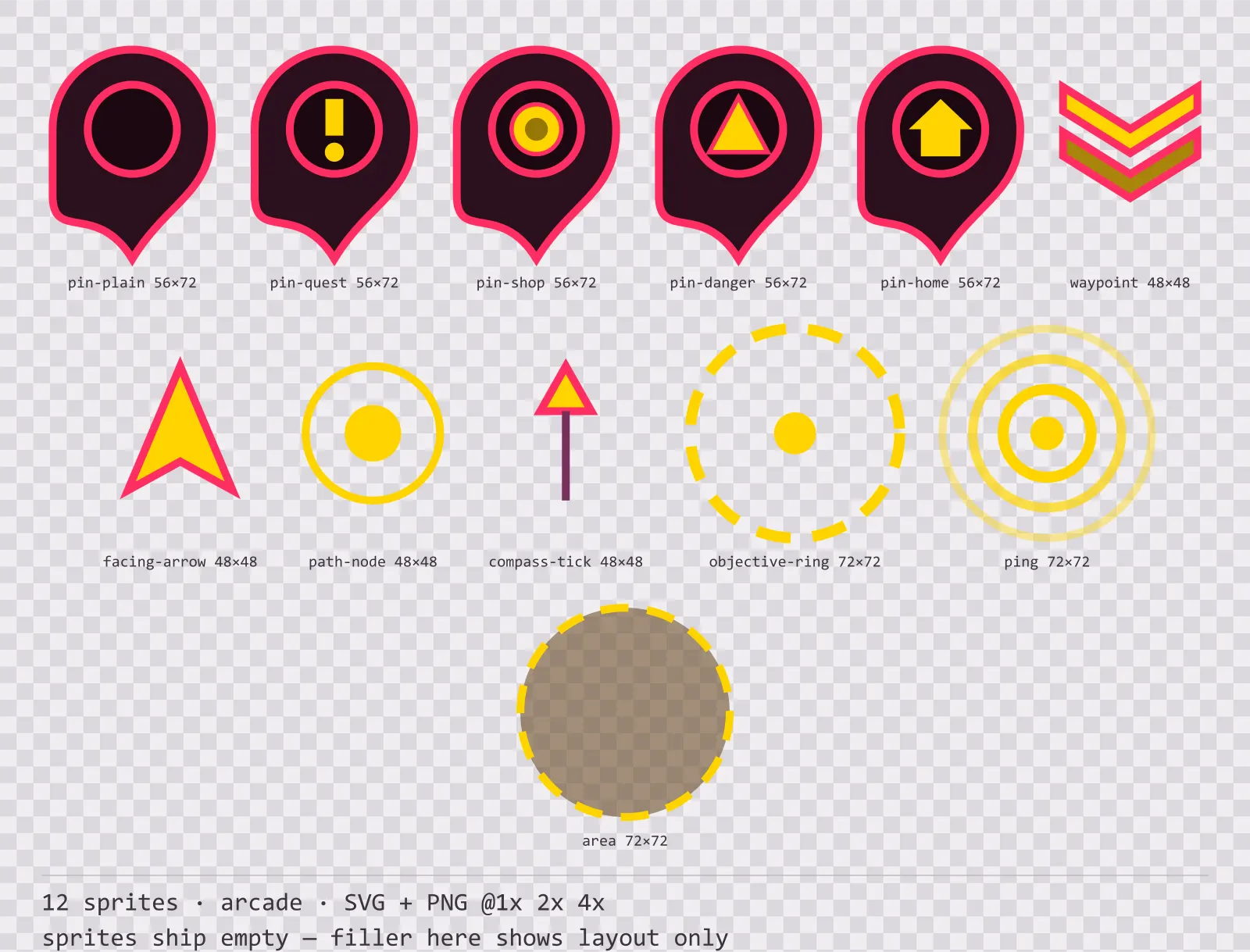 Sheet showing 12 arcade map markers and world indicators from the Coinop family, arranged on a transparency checkerboard with their pixel sizes printed underneath