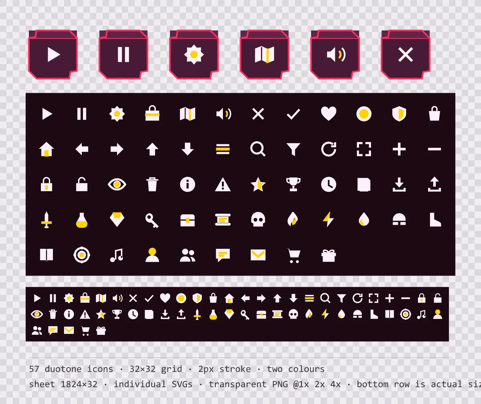 57 two-tone game menu icons on cabinet glow tiles, shown large, laid out on a sheet grid, and again at actual 32 pixel size