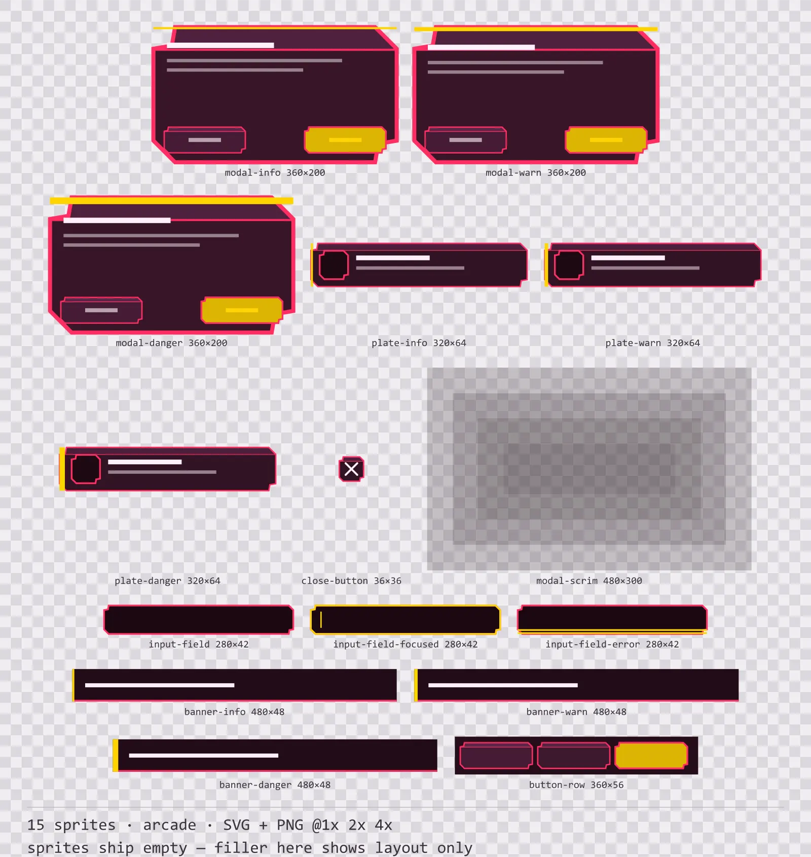 Sheet showing 15 arcade modal dialogs and system notices from the Coinop family, arranged on a transparency checkerboard with their pixel sizes printed underneath