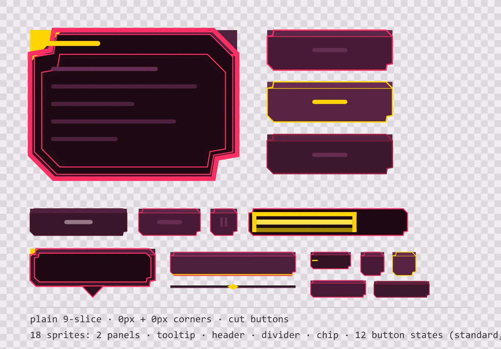 cabinet glow game menu panel with a coin gold title strip and a recessed list area, next to a column showing the same chamfered button in default, outlined hover and pushed-in pressed states
