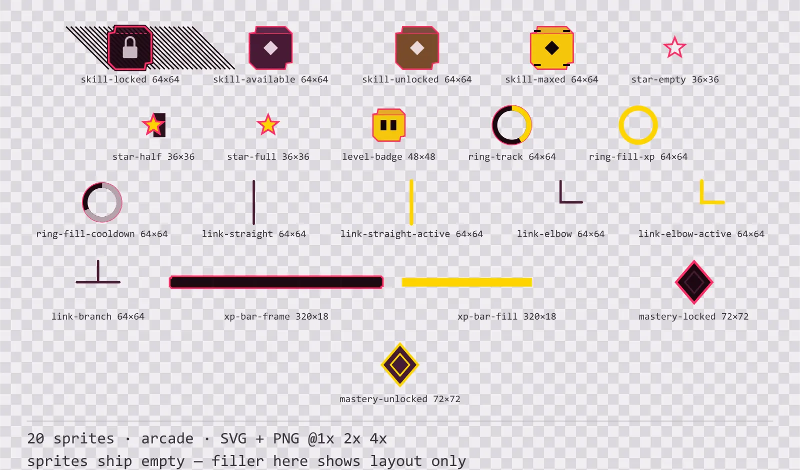Sheet showing 20 arcade progression and reward components from the Coinop family, arranged on a transparency checkerboard with their pixel sizes printed underneath