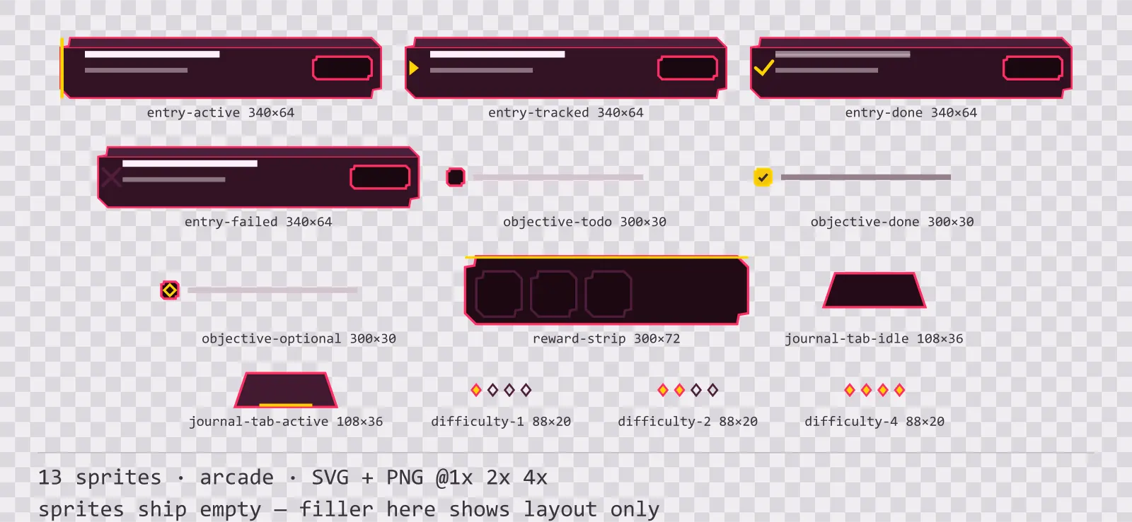 Sheet showing 13 arcade quest log and objective widgets from the Coinop family, arranged on a transparency checkerboard with their pixel sizes printed underneath