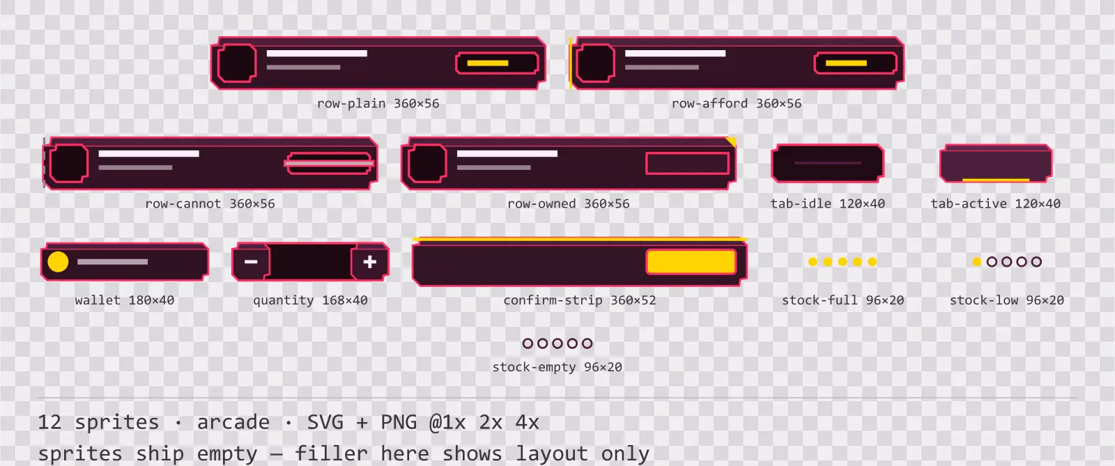 Sheet showing 12 arcade shop and economy widgets from the Coinop family, arranged on a transparency checkerboard with their pixel sizes printed underneath