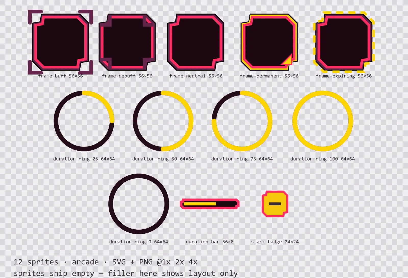Sheet showing 12 arcade status effect frames and duration indicators from the Coinop family, arranged on a transparency checkerboard with their pixel sizes printed underneath