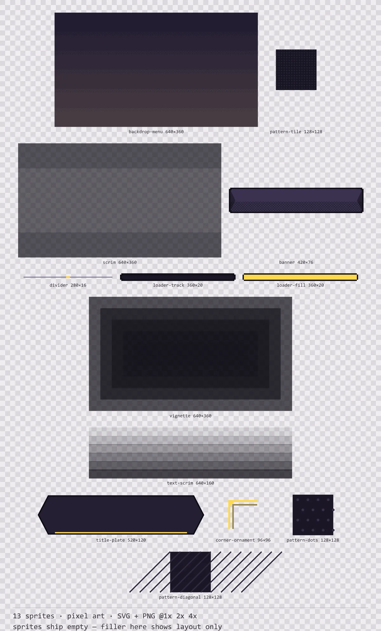 Sheet showing 13 pixel art background and overlay pieces from the Dusk family, arranged on a transparency checkerboard with their pixel sizes printed underneath
