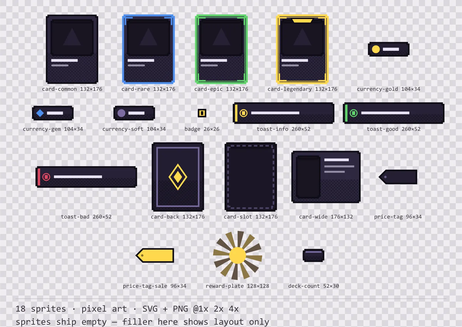 Sheet showing 18 pixel art card, currency and notification components from the Dusk family, arranged on a transparency checkerboard with their pixel sizes printed underneath