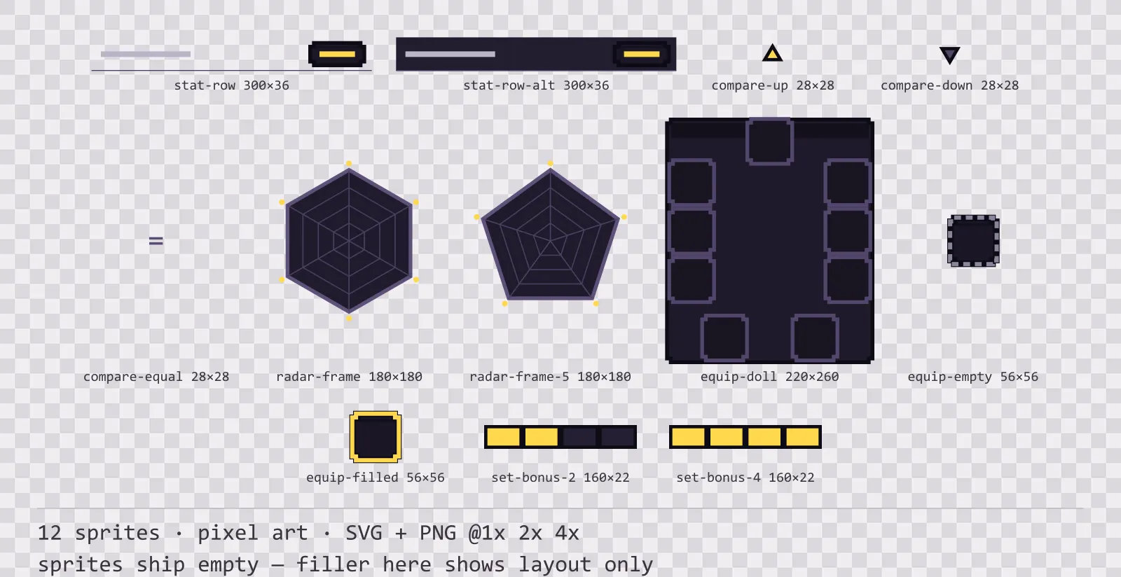 Sheet showing 12 pixel art character sheet and stat widgets from the Dusk family, arranged on a transparency checkerboard with their pixel sizes printed underneath