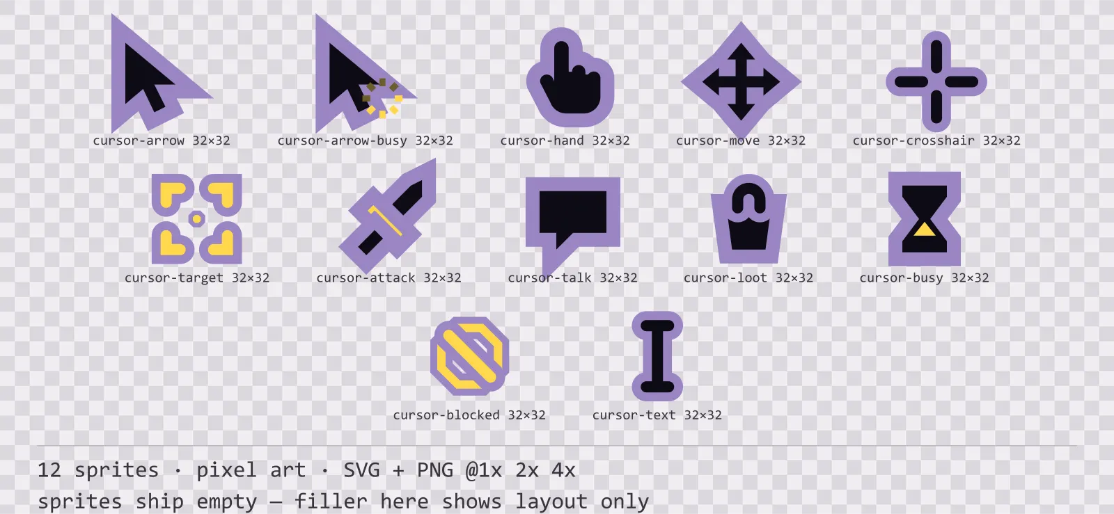 Sheet showing 12 pixel art mouse cursors from the Dusk family, arranged on a transparency checkerboard with their pixel sizes printed underneath