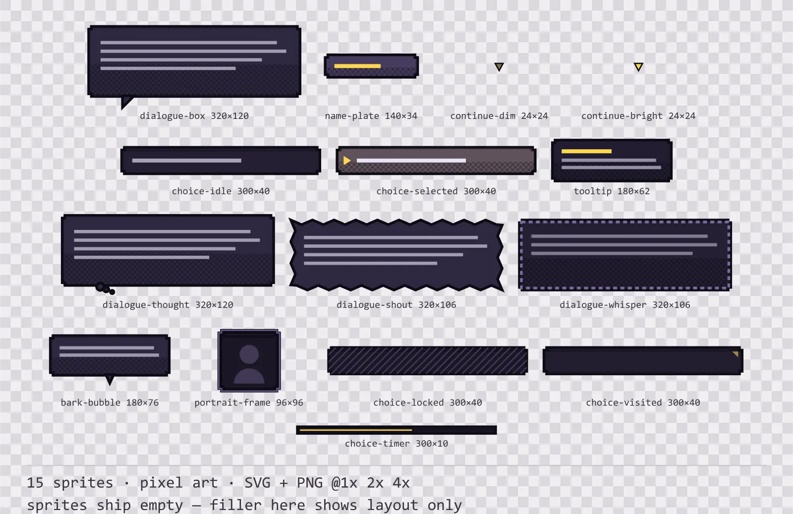 Sheet showing 15 pixel art dialogue components from the Dusk family, arranged on a transparency checkerboard with their pixel sizes printed underneath