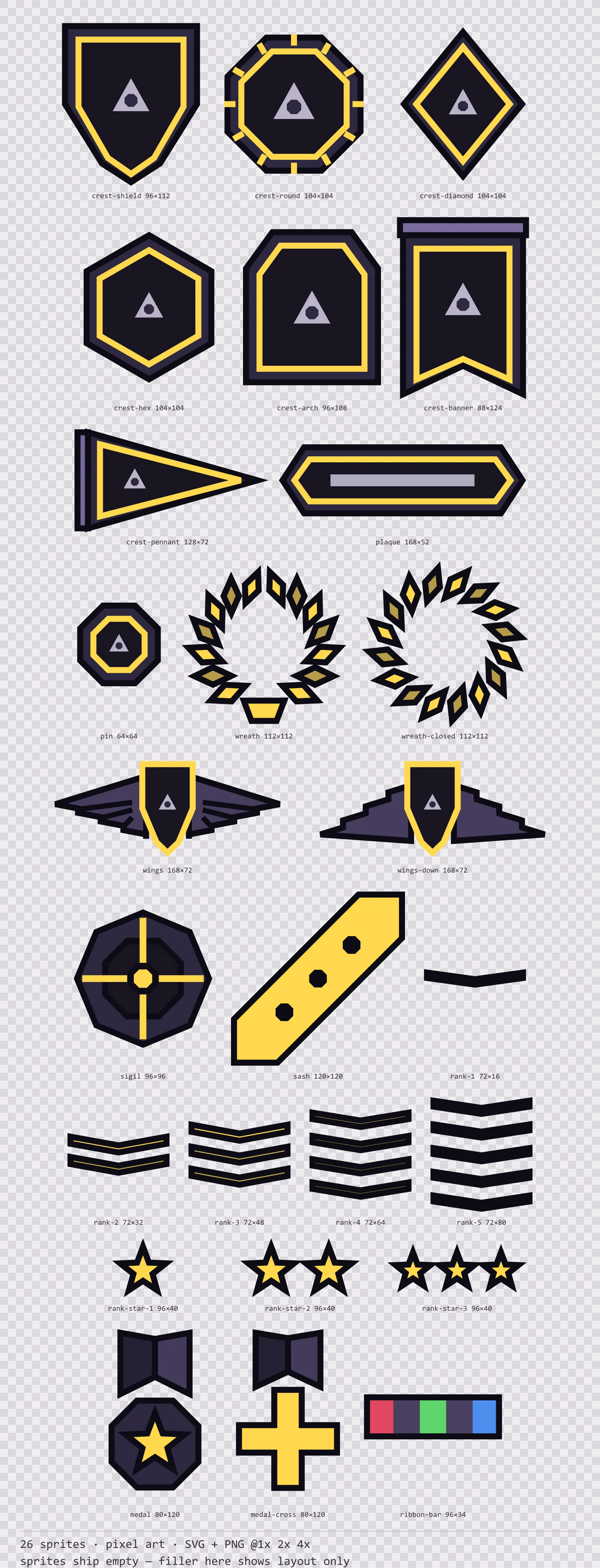 Sheet showing 26 pixel art crests, insignia and rank marks from the Dusk family, arranged on a transparency checkerboard with their pixel sizes printed underneath