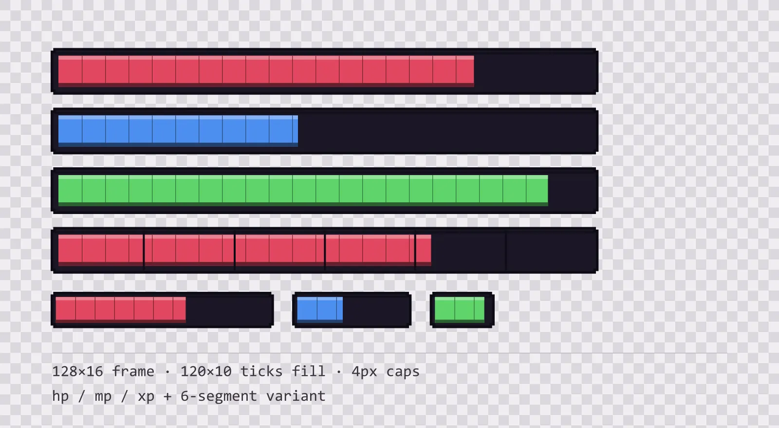 Three horizontal game status bars stacked on a checkerboard background, filled to different levels for hp, mp and xp, with a segmented 6-notch bar and three smaller bars beneath them