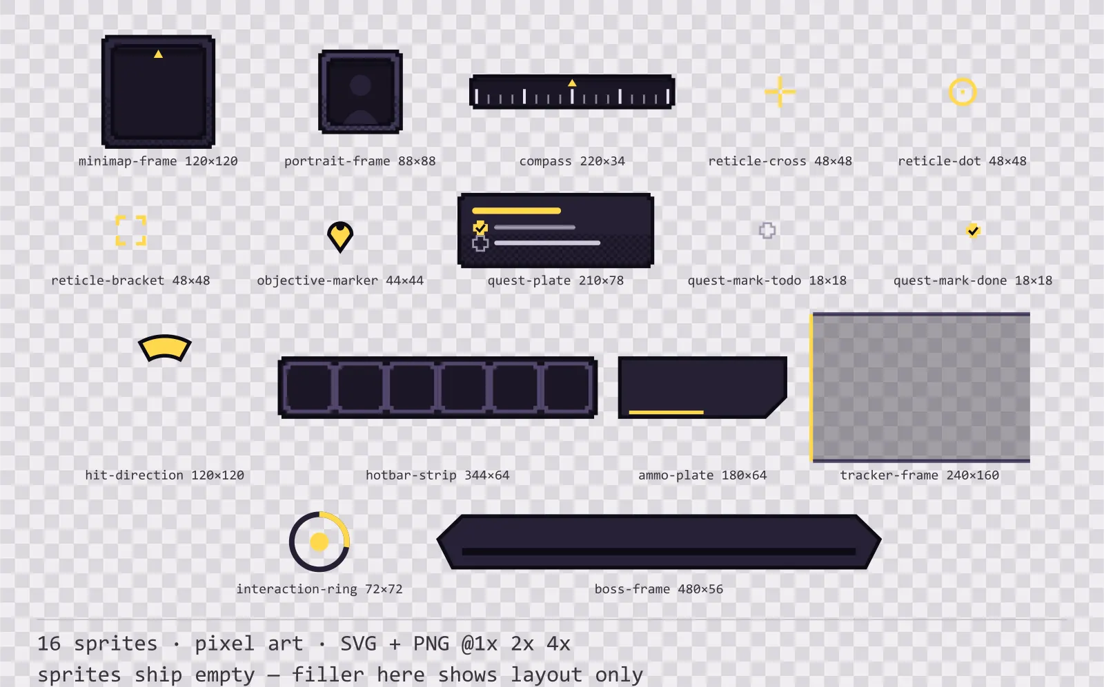 Sheet showing 16 pixel art heads-up display frames from the Dusk family, arranged on a transparency checkerboard with their pixel sizes printed underneath