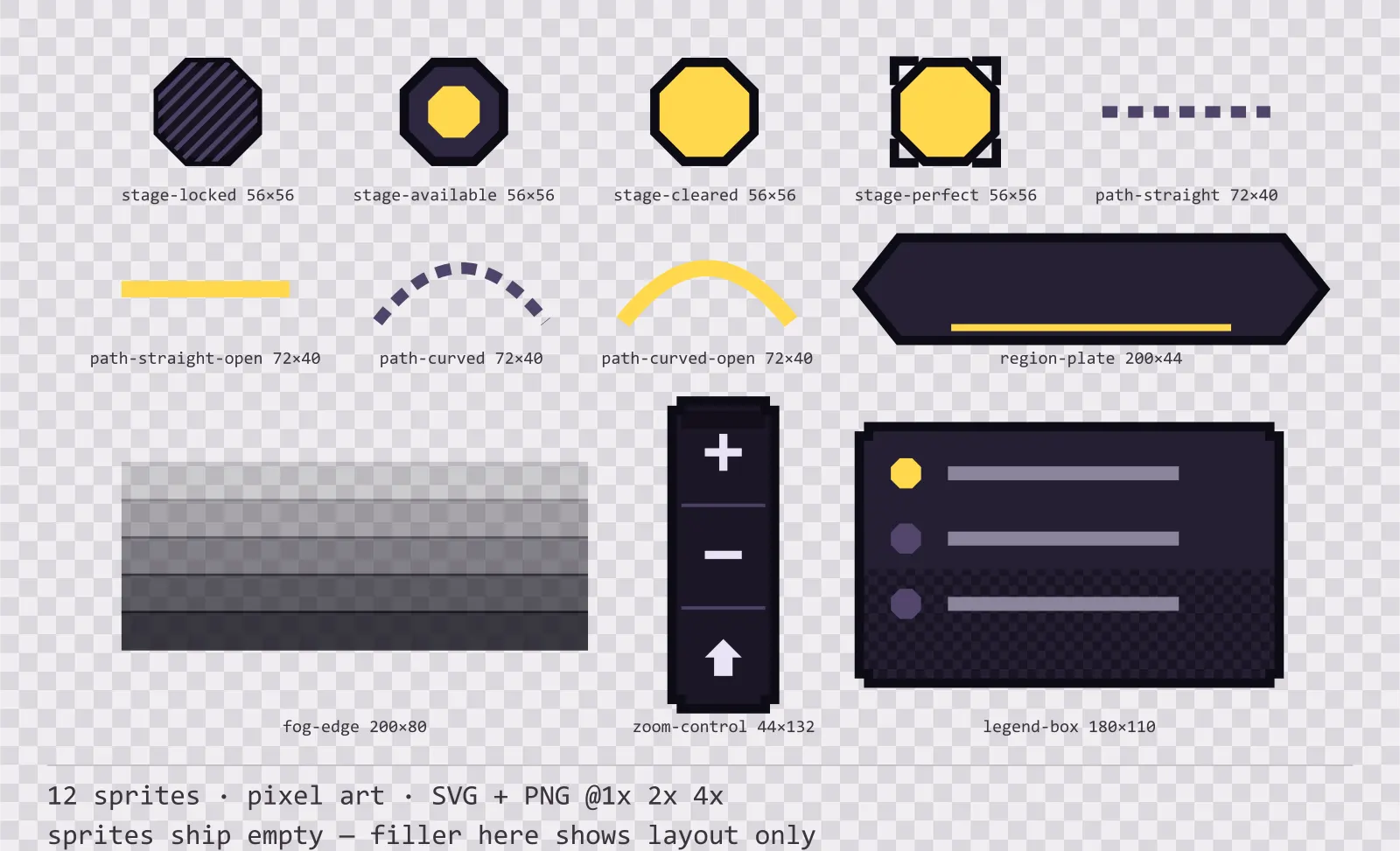 Sheet showing 12 pixel art level select and world map pieces from the Dusk family, arranged on a transparency checkerboard with their pixel sizes printed underneath