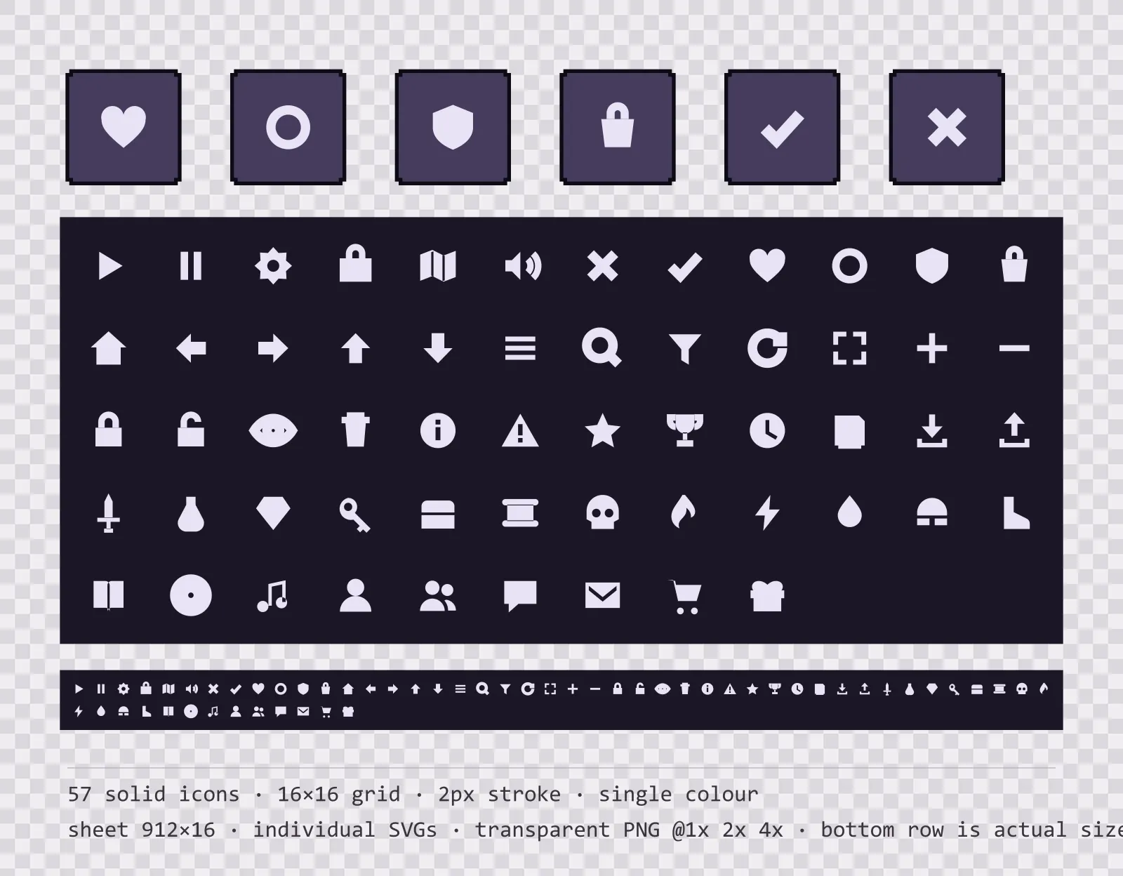 57 solid game menu icons on dusk purple tiles, shown large, laid out on a sheet grid, and again at actual 16 pixel size