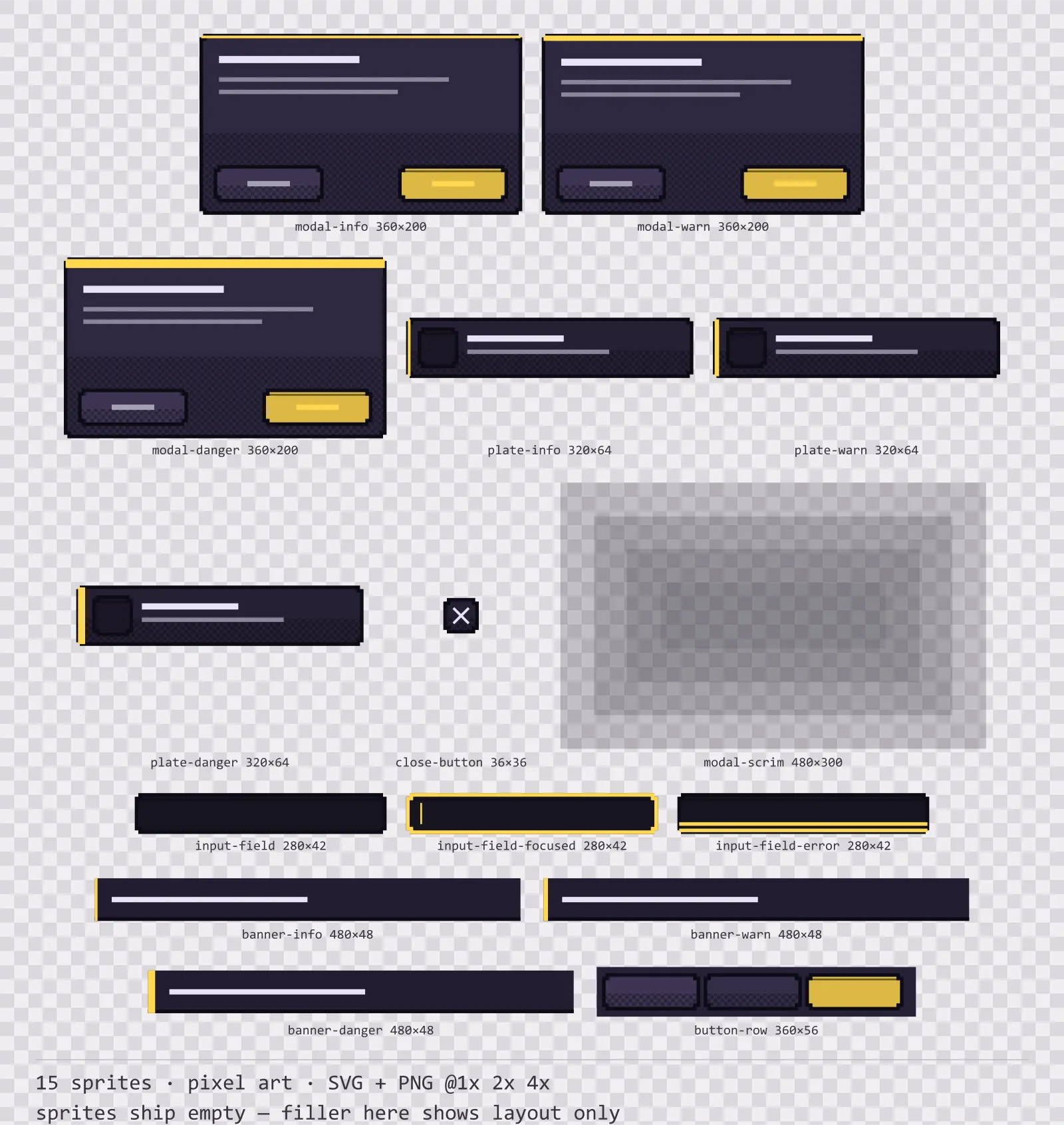 Sheet showing 15 pixel art modal dialogs and system notices from the Dusk family, arranged on a transparency checkerboard with their pixel sizes printed underneath