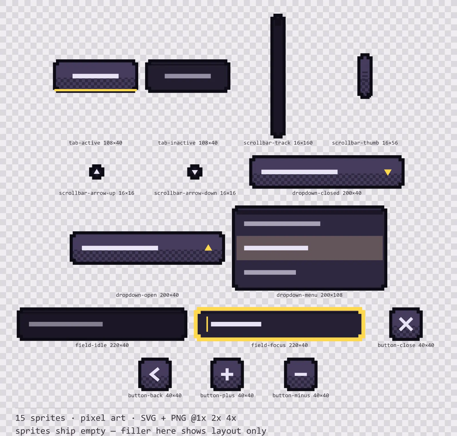 Sheet showing 15 pixel art navigation and input components from the Dusk family, arranged on a transparency checkerboard with their pixel sizes printed underneath