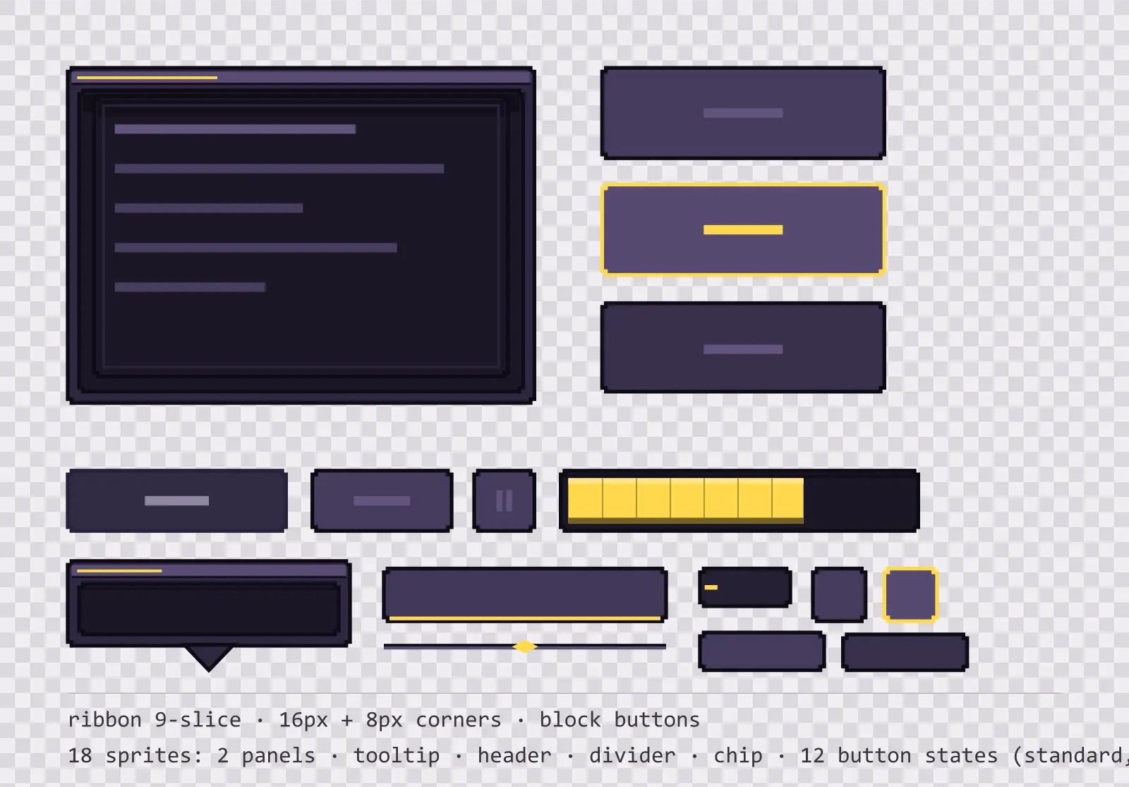 dusk purple game menu panel with a amber title strip and a recessed list area, next to a column showing the same square button in default, outlined hover and pushed-in pressed states
