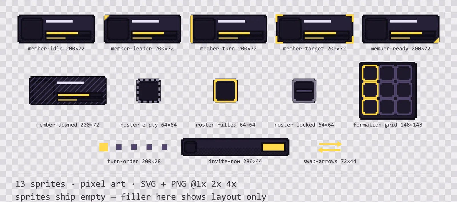 Sheet showing 13 pixel art party and roster widgets from the Dusk family, arranged on a transparency checkerboard with their pixel sizes printed underneath