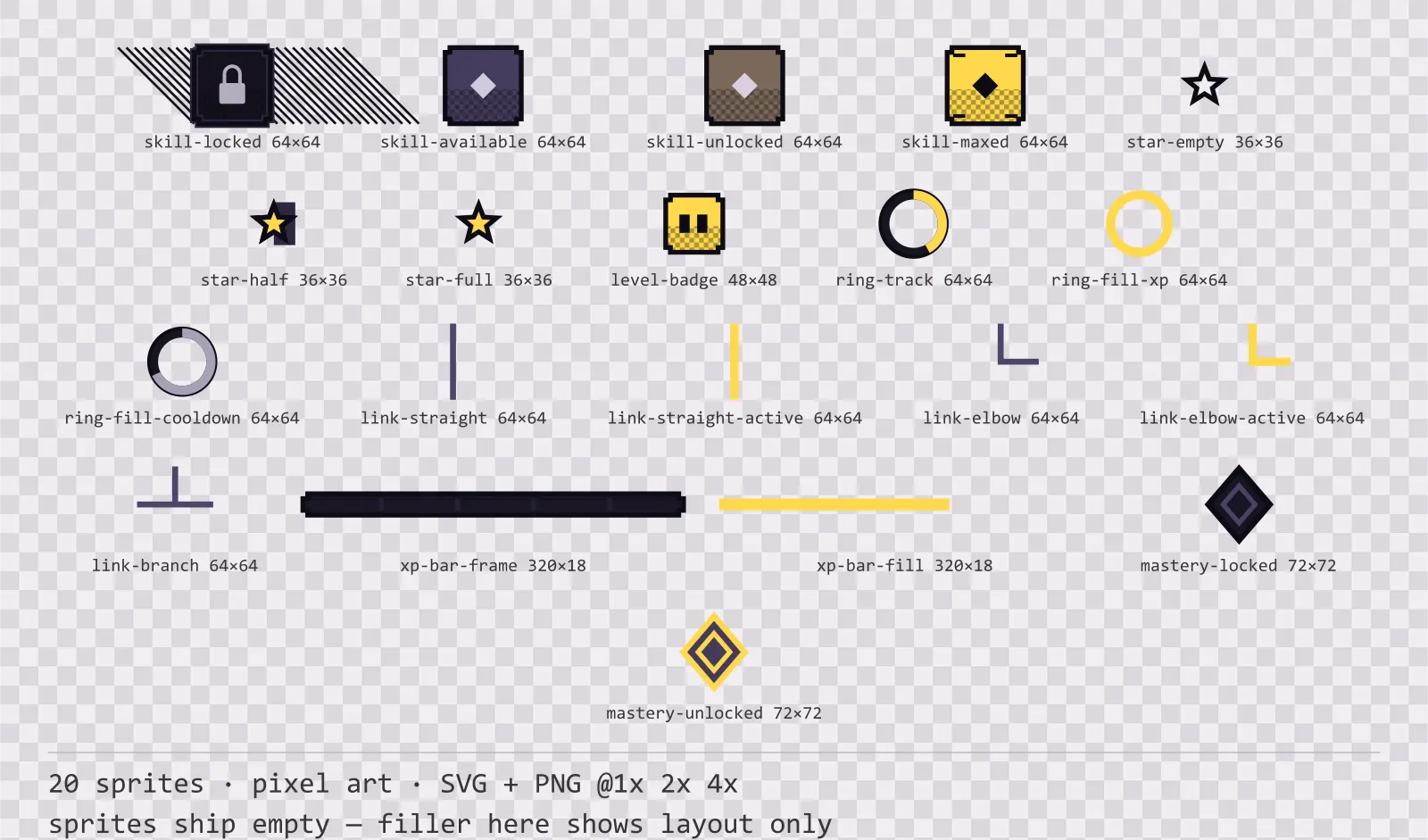 Sheet showing 20 pixel art progression and reward components from the Dusk family, arranged on a transparency checkerboard with their pixel sizes printed underneath