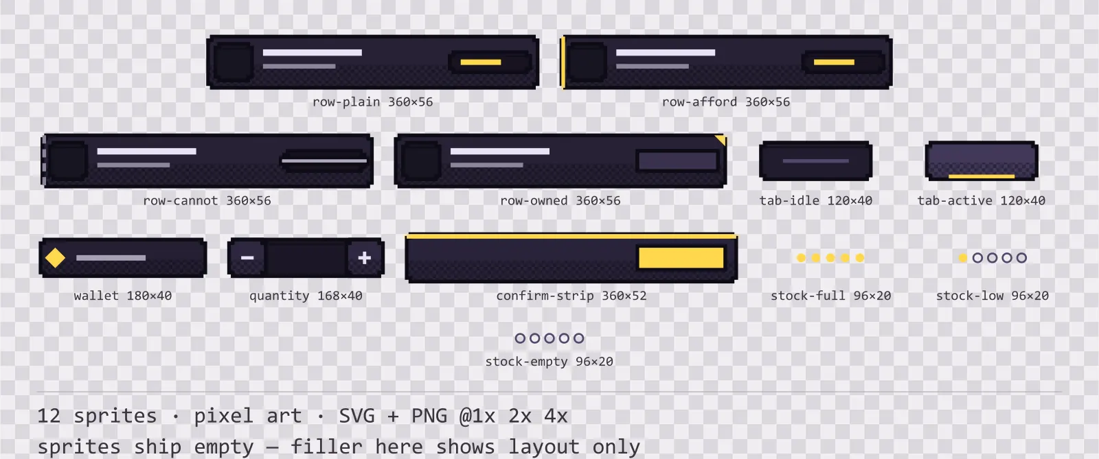 Sheet showing 12 pixel art shop and economy widgets from the Dusk family, arranged on a transparency checkerboard with their pixel sizes printed underneath