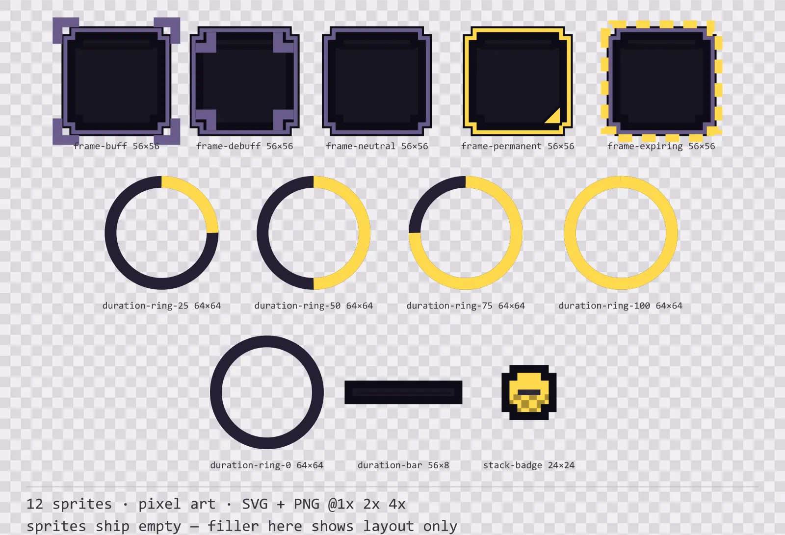 Sheet showing 12 pixel art status effect frames and duration indicators from the Dusk family, arranged on a transparency checkerboard with their pixel sizes printed underneath