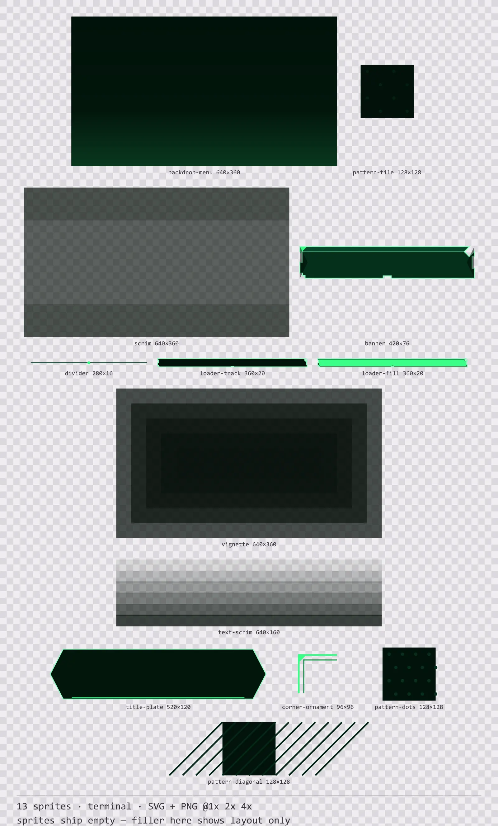 Sheet showing 13 terminal background and overlay pieces from the Greenscreen family, arranged on a transparency checkerboard with their pixel sizes printed underneath