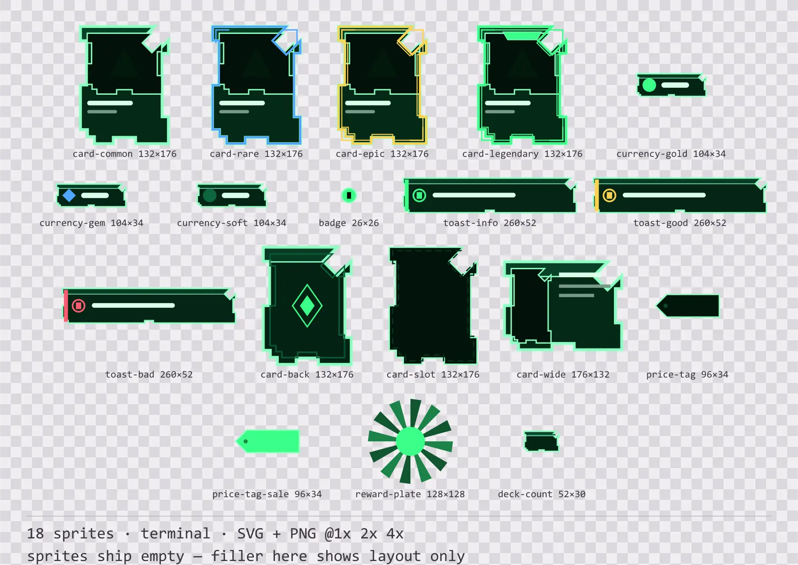Sheet showing 18 terminal card, currency and notification components from the Greenscreen family, arranged on a transparency checkerboard with their pixel sizes printed underneath