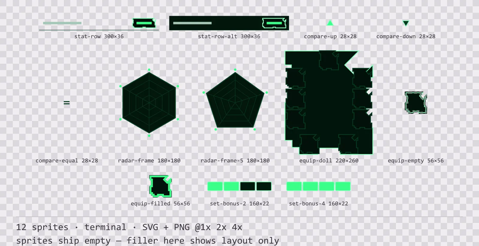 Sheet showing 12 terminal character sheet and stat widgets from the Greenscreen family, arranged on a transparency checkerboard with their pixel sizes printed underneath