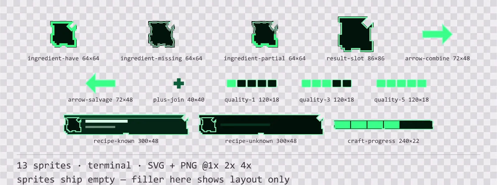 Sheet showing 13 terminal crafting and recipe widgets from the Greenscreen family, arranged on a transparency checkerboard with their pixel sizes printed underneath