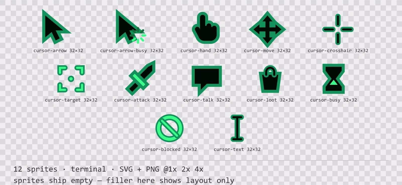 Sheet showing 12 terminal mouse cursors from the Greenscreen family, arranged on a transparency checkerboard with their pixel sizes printed underneath