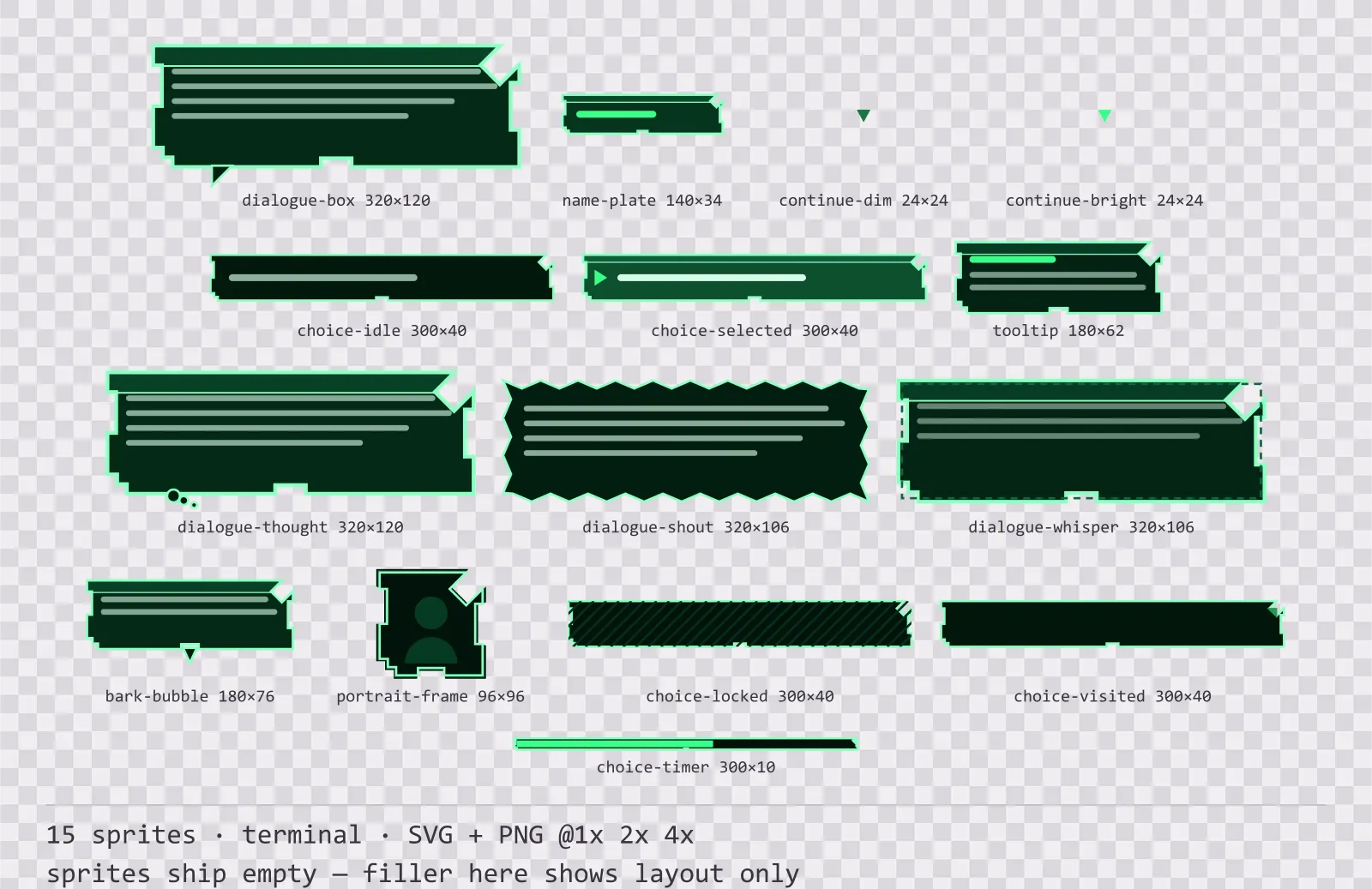Sheet showing 15 terminal dialogue components from the Greenscreen family, arranged on a transparency checkerboard with their pixel sizes printed underneath