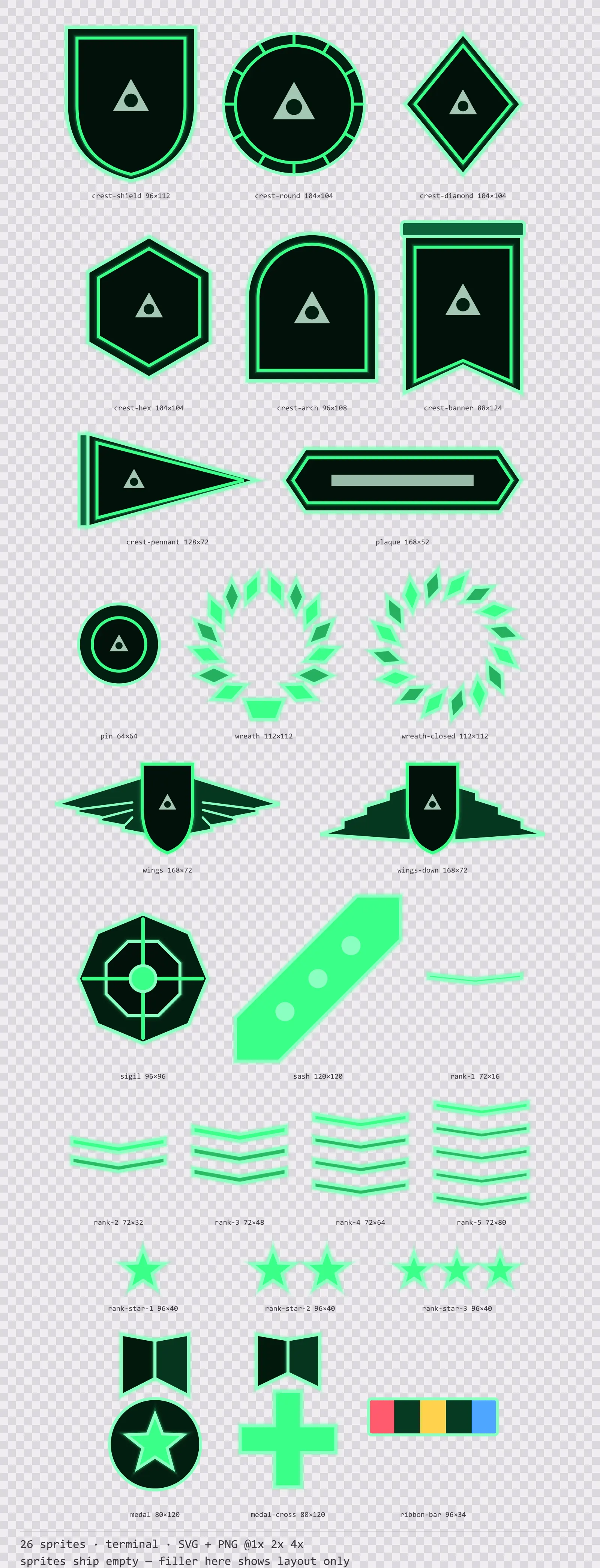 Sheet showing 26 terminal crests, insignia and rank marks from the Greenscreen family, arranged on a transparency checkerboard with their pixel sizes printed underneath