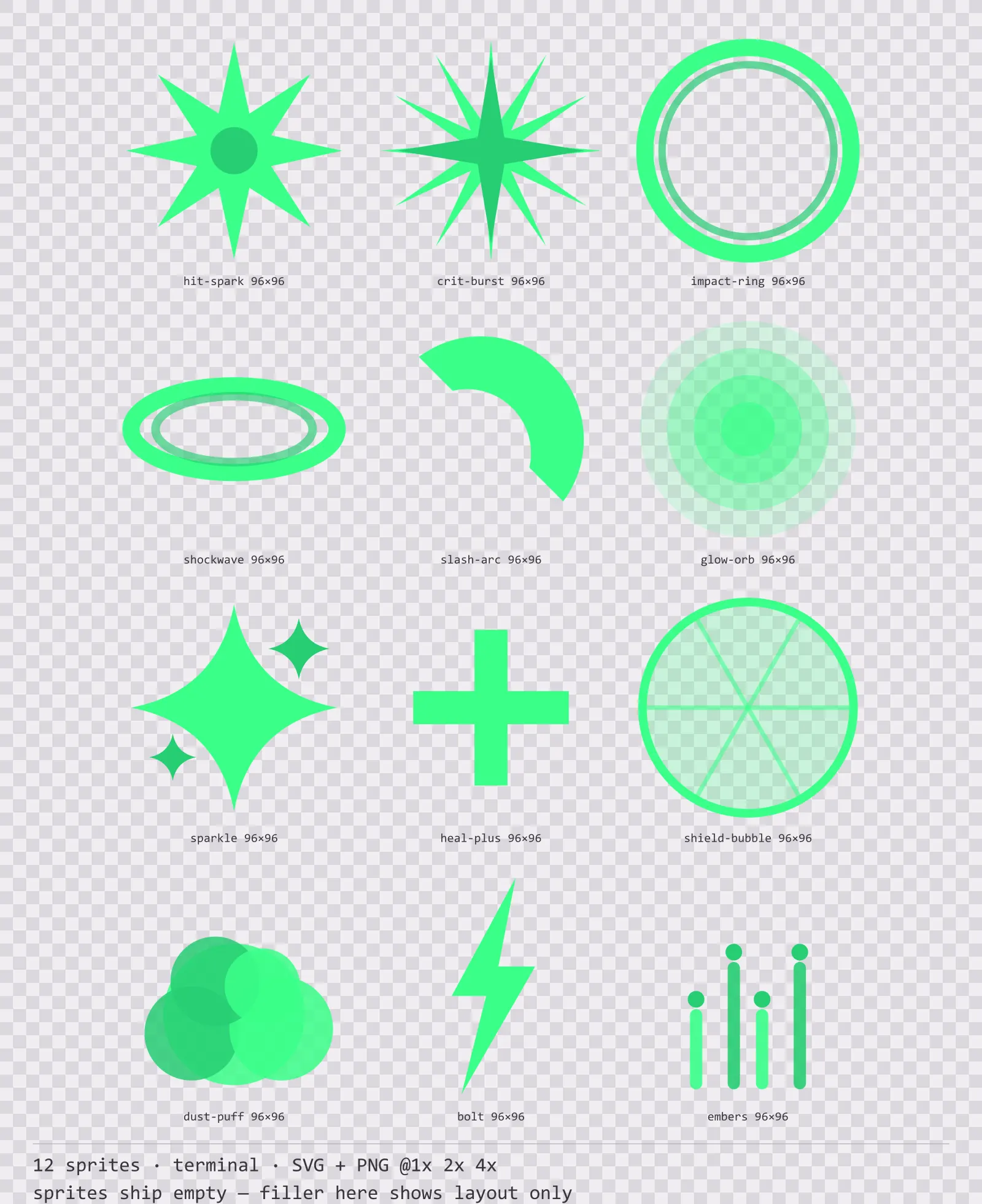 Sheet showing 12 terminal impact and effect sprites from the Greenscreen family, arranged on a transparency checkerboard with their pixel sizes printed underneath