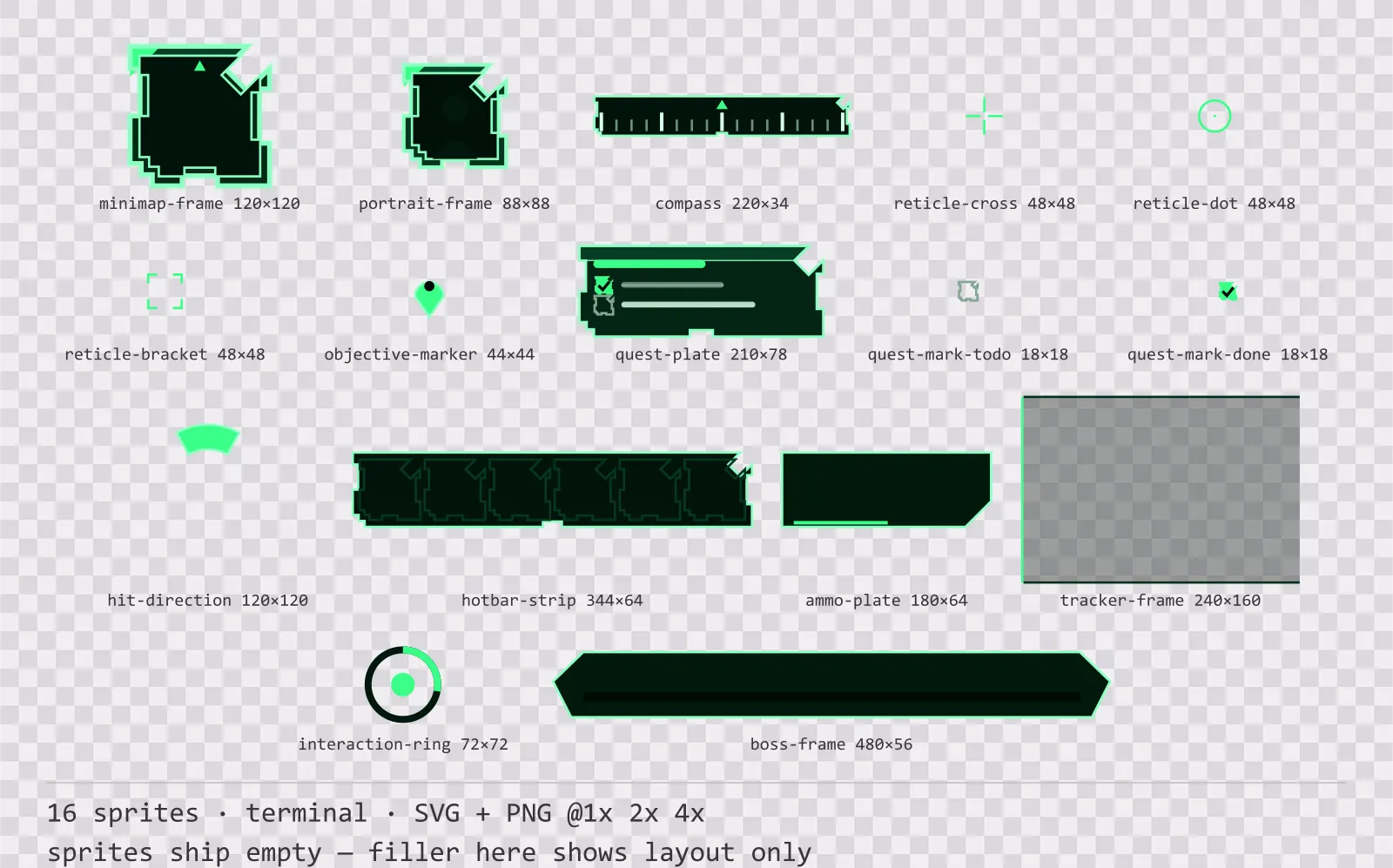 Sheet showing 16 terminal heads-up display frames from the Greenscreen family, arranged on a transparency checkerboard with their pixel sizes printed underneath