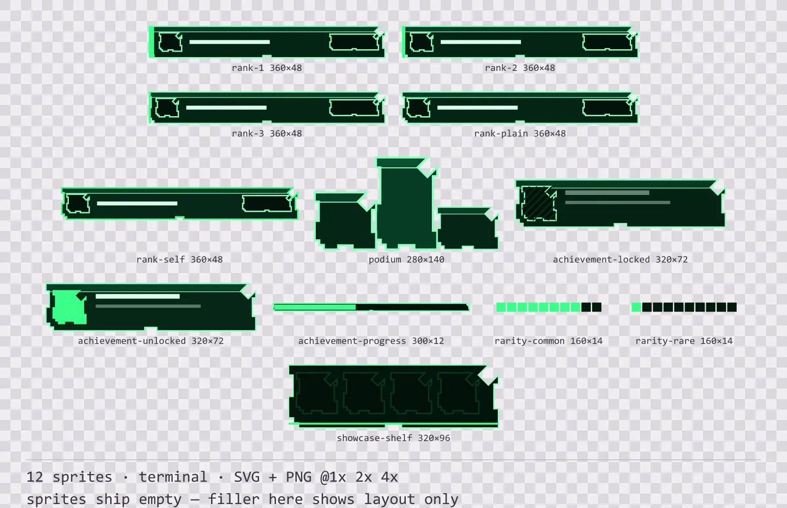 Sheet showing 12 terminal leaderboard and achievement widgets from the Greenscreen family, arranged on a transparency checkerboard with their pixel sizes printed underneath