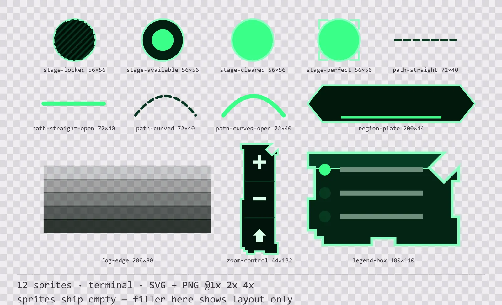 Sheet showing 12 terminal level select and world map pieces from the Greenscreen family, arranged on a transparency checkerboard with their pixel sizes printed underneath