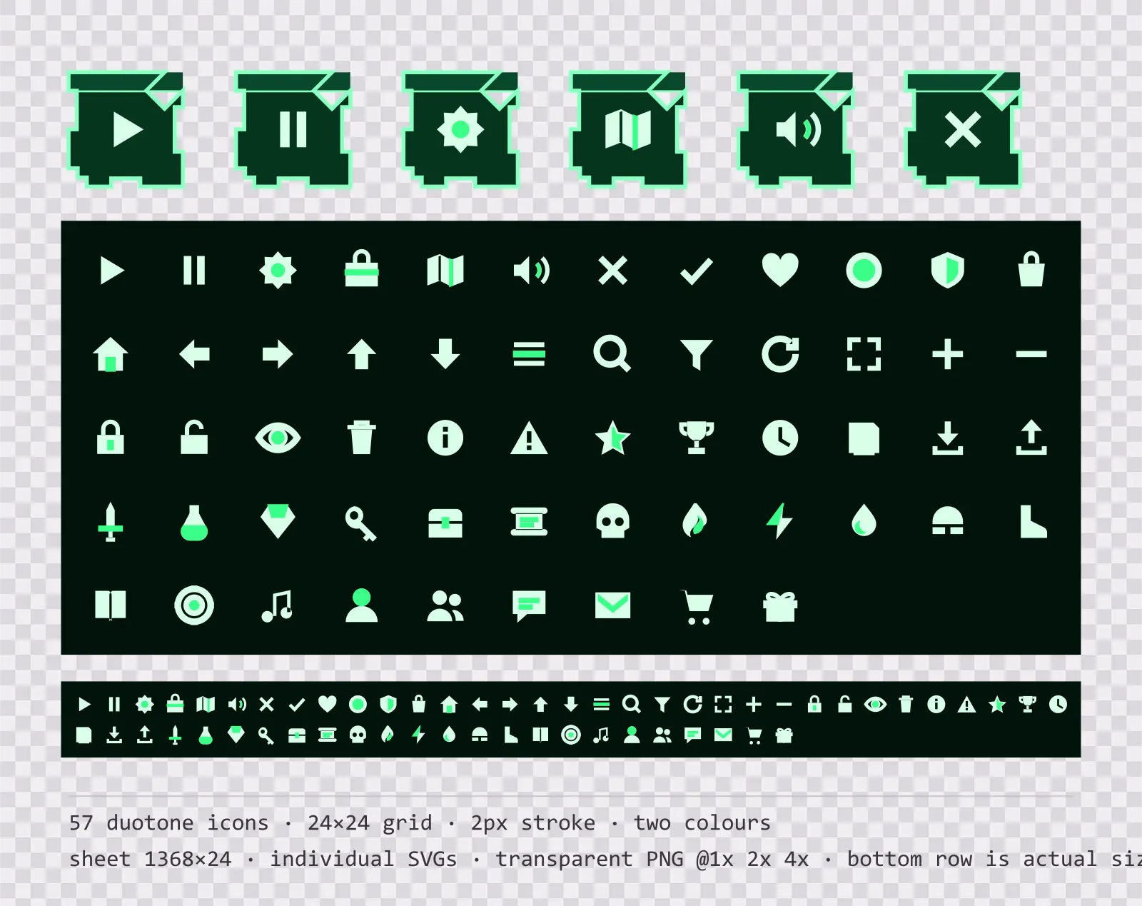 57 two-tone game menu icons on phosphor tiles, shown large, laid out on a sheet grid, and again at actual 24 pixel size