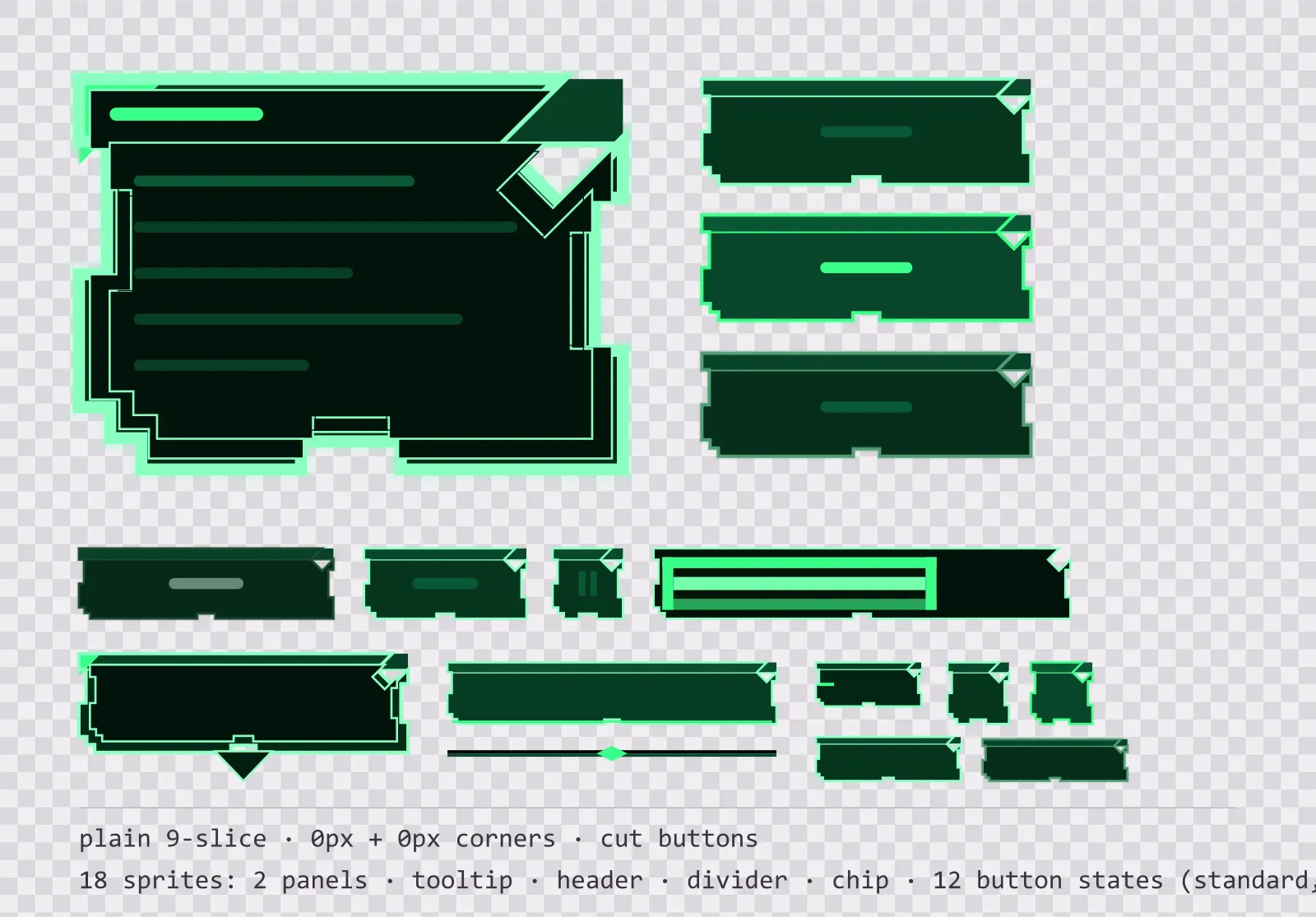 phosphor game menu panel with a phosphor green title strip and a recessed list area, next to a column showing the same chamfered button in default, outlined hover and pushed-in pressed states