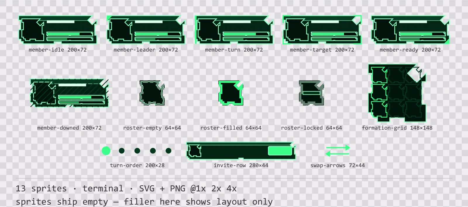 Sheet showing 13 terminal party and roster widgets from the Greenscreen family, arranged on a transparency checkerboard with their pixel sizes printed underneath