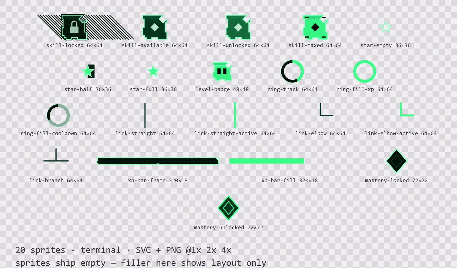 Sheet showing 20 terminal progression and reward components from the Greenscreen family, arranged on a transparency checkerboard with their pixel sizes printed underneath
